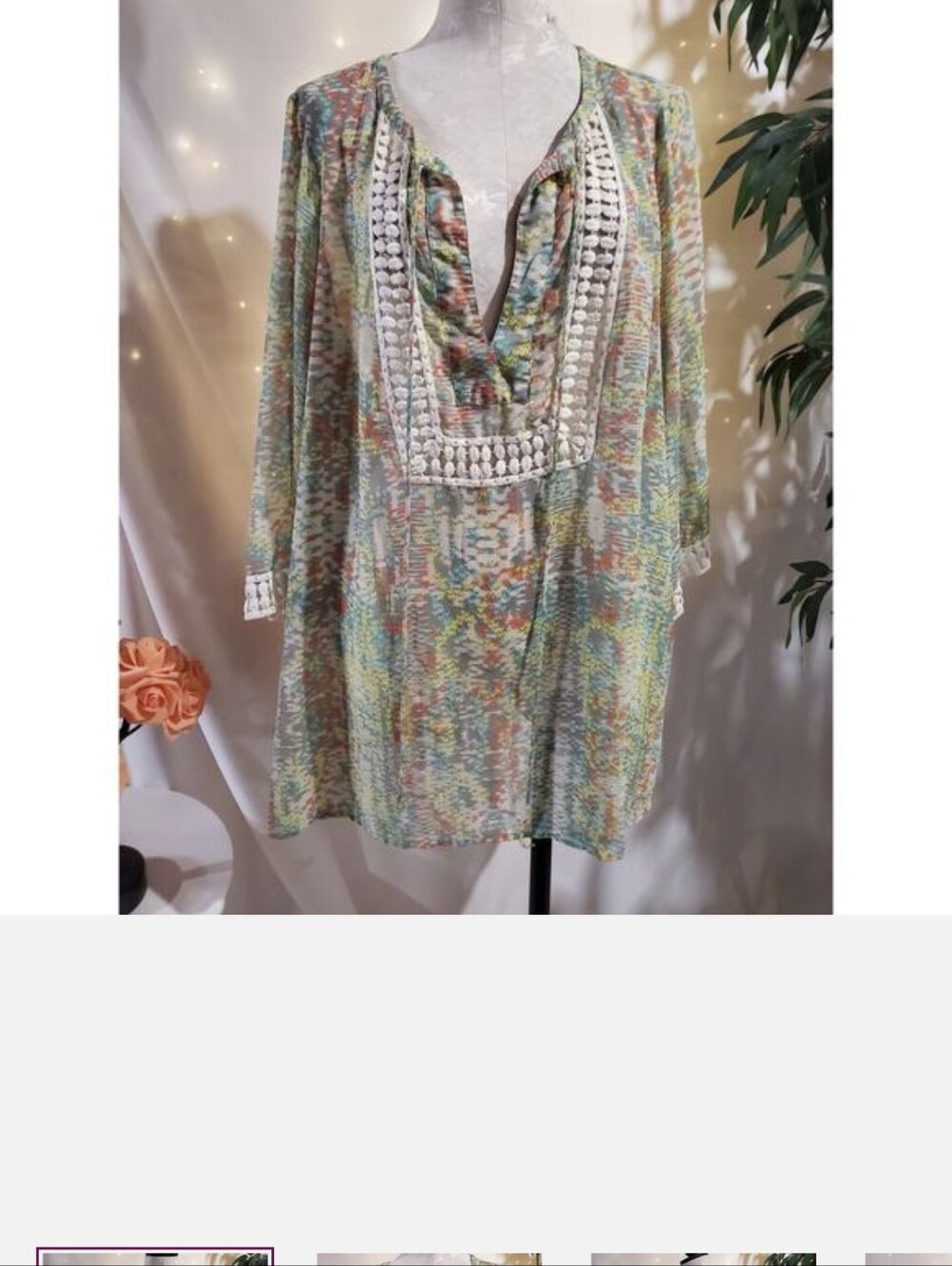 Lightweight Multicolor Boho Tunic with Crochet Trim.DANIEL RAINN